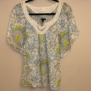 GAP Crochet Neck Flutter Sleeve Floral Paisley Blouse Ivory Blue Gray Yellow